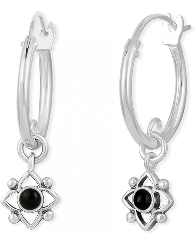 Jewelry Sterling Silver Flower Shaped Dot Snap Down Closure Tube Hoop Earrings Onyx $20.34 Earrings