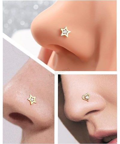 MeIighting Gold Nose Rings 9K 20G Heart Nose Stud Shaped Clear Round CZ Star Nose Piercing Jewelry for Women Men Real Gold St...