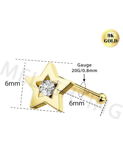 MeIighting Gold Nose Rings 9K 20G Heart Nose Stud Shaped Clear Round CZ Star Nose Piercing Jewelry for Women Men Real Gold St...