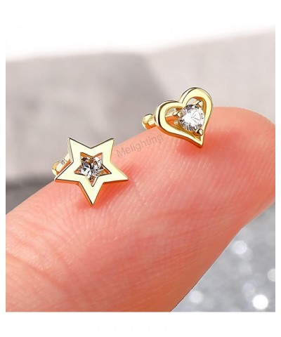 MeIighting Gold Nose Rings 9K 20G Heart Nose Stud Shaped Clear Round CZ Star Nose Piercing Jewelry for Women Men Real Gold St...