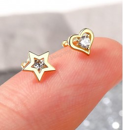 MeIighting Gold Nose Rings 9K 20G Heart Nose Stud Shaped Clear Round CZ Star Nose Piercing Jewelry for Women Men Real Gold St...