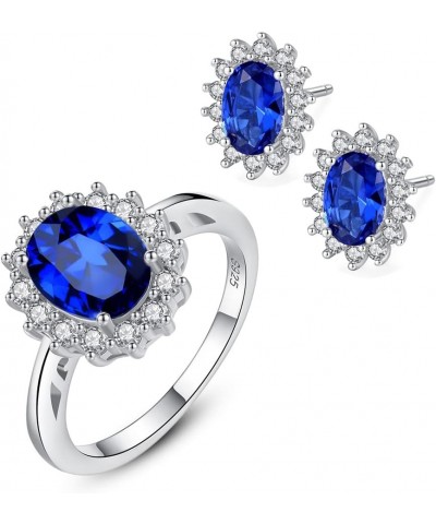 925 Sterling Silver CZ Halo Simulated Sapphire Ring and Earrings for Women, Cubic Zirconia Nano Blue Gemstone Band and Stud C...