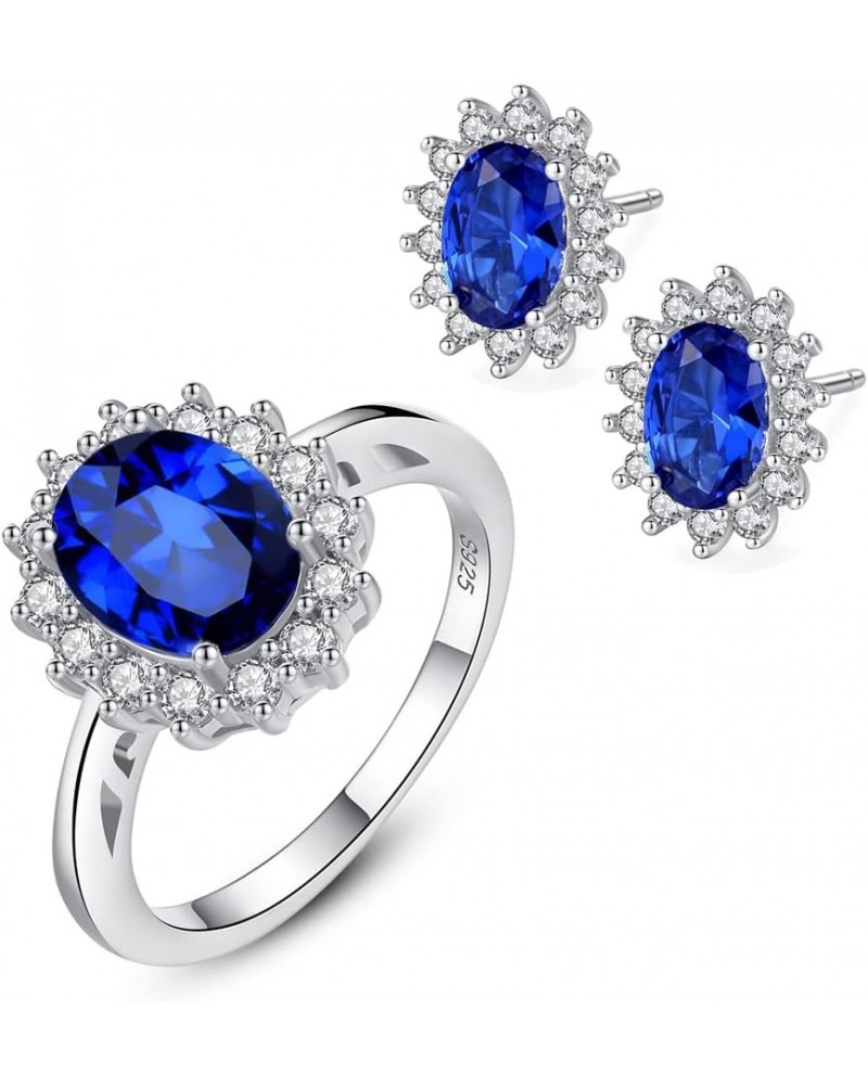 925 Sterling Silver CZ Halo Simulated Sapphire Ring and Earrings for Women, Cubic Zirconia Nano Blue Gemstone Band and Stud C...