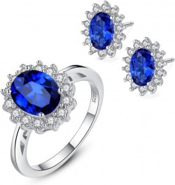 925 Sterling Silver CZ Halo Simulated Sapphire Ring and Earrings for Women, Cubic Zirconia Nano Blue Gemstone Band and Stud C...