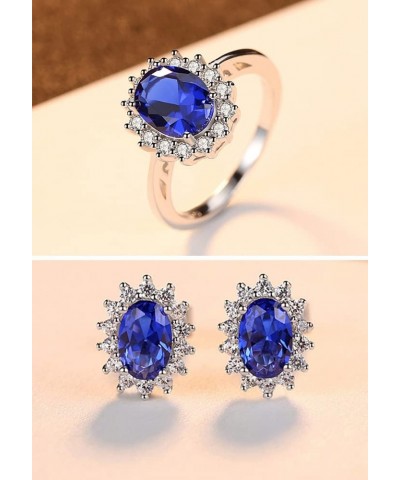 925 Sterling Silver CZ Halo Simulated Sapphire Ring and Earrings for Women, Cubic Zirconia Nano Blue Gemstone Band and Stud C...