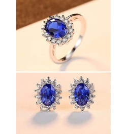 925 Sterling Silver CZ Halo Simulated Sapphire Ring and Earrings for Women, Cubic Zirconia Nano Blue Gemstone Band and Stud C...