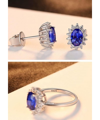 925 Sterling Silver CZ Halo Simulated Sapphire Ring and Earrings for Women, Cubic Zirconia Nano Blue Gemstone Band and Stud C...