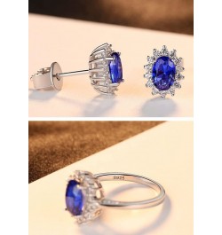 925 Sterling Silver CZ Halo Simulated Sapphire Ring and Earrings for Women, Cubic Zirconia Nano Blue Gemstone Band and Stud C...