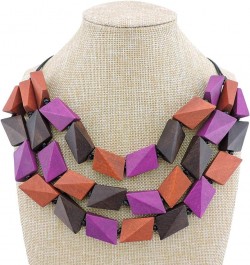 3 Layers Big Faceted Wood Beaded Strand Statement Necklace for Women Chunky Collar Rose Mix $9.50 Necklaces