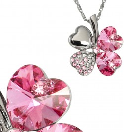 Four Leaf Clover Necklace with Swarovski Crystals, Rhodium Plated, 16" with 2" Extender Pink $17.13 Necklaces