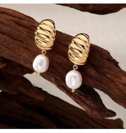 18K Gold Pearl Drop Earrings for Women Freshwater Pearl Dangle Earrings Chunky Gold Hoop Earrings Gifts for Her Twisted pearl...