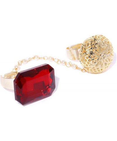 Dual Finger Stone Studded Gold-Plated Ring for Women and Girls with Link Chain Red $12.38 Rings