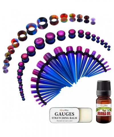 55PC Gauges Kit 14G-12mm - Aftercare Jojoba Oil, Ear Stretching Balm Wax - Purple Blue $14.87 Body Jewelry