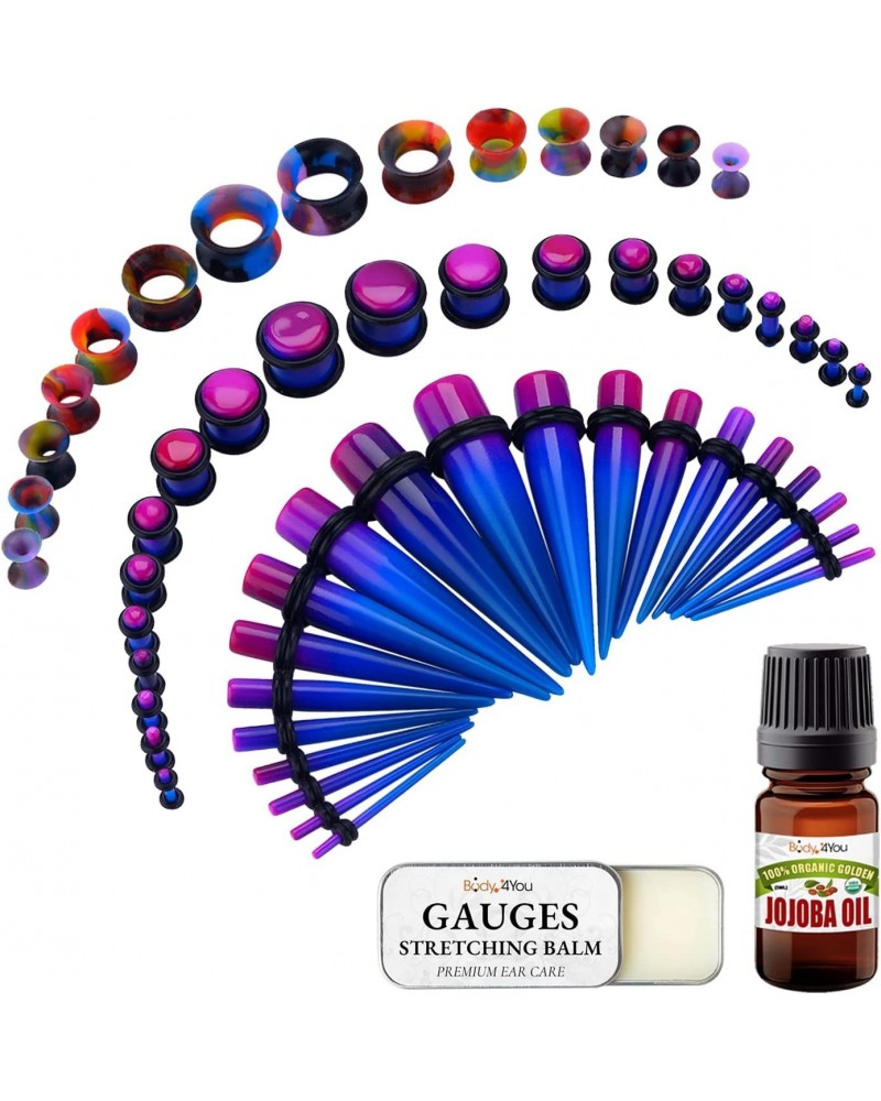 55PC Gauges Kit 14G-12mm - Aftercare Jojoba Oil, Ear Stretching Balm Wax - Purple Blue $14.87 Body Jewelry