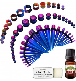 55PC Gauges Kit 14G-12mm - Aftercare Jojoba Oil, Ear Stretching Balm Wax - Purple Blue $14.87 Body Jewelry