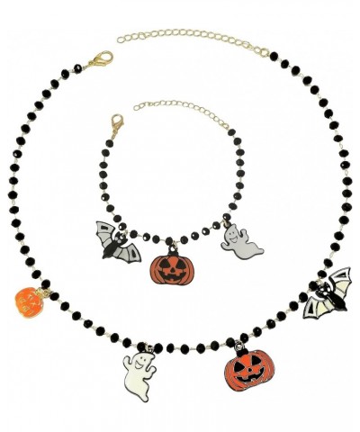 Halloween Pumpkin Bat Ghost Pendant Necklace Bracelet Set For Women Girls Gothic Black Beaded Necklace Halloween Party Costum...