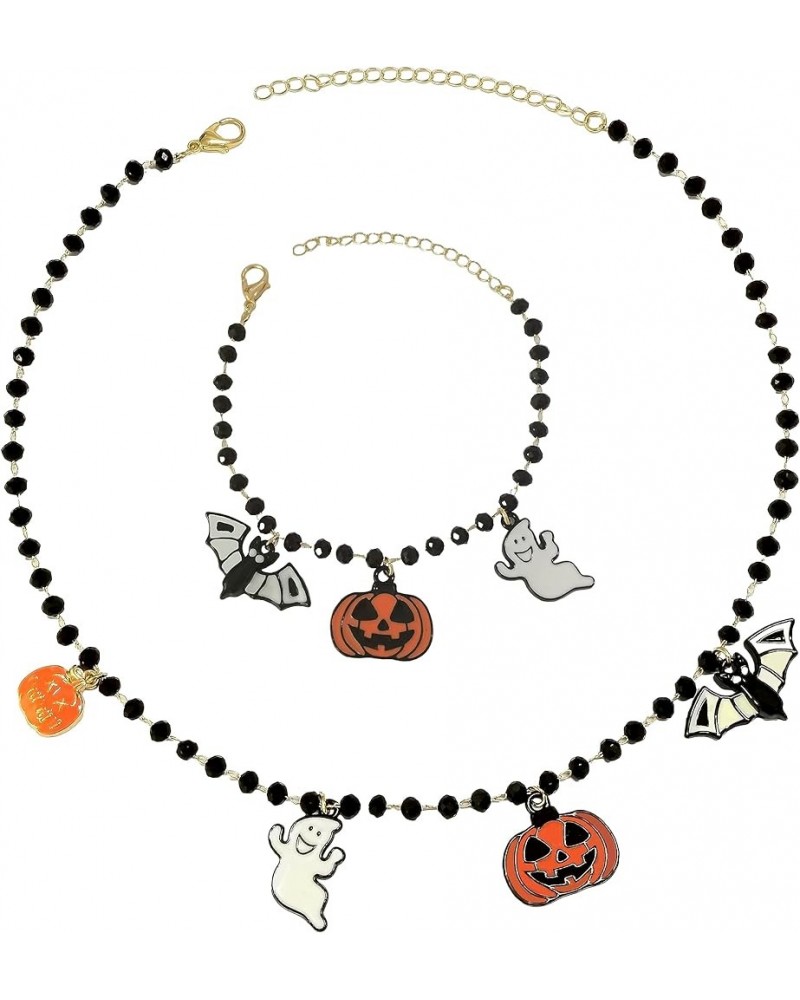 Halloween Pumpkin Bat Ghost Pendant Necklace Bracelet Set For Women Girls Gothic Black Beaded Necklace Halloween Party Costum...