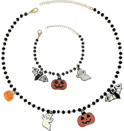 Halloween Pumpkin Bat Ghost Pendant Necklace Bracelet Set For Women Girls Gothic Black Beaded Necklace Halloween Party Costum...