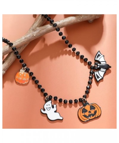 Halloween Pumpkin Bat Ghost Pendant Necklace Bracelet Set For Women Girls Gothic Black Beaded Necklace Halloween Party Costum...