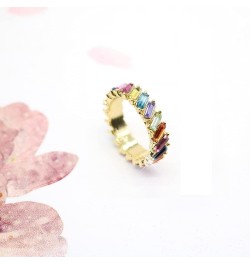 Rainbow Baguette Crystal Band Ring Anniversary Eternity Cubic Zirconia Ring Elegant Wedding Cocktail Rings Fashion Luxury Jew...