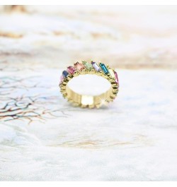 Rainbow Baguette Crystal Band Ring Anniversary Eternity Cubic Zirconia Ring Elegant Wedding Cocktail Rings Fashion Luxury Jew...