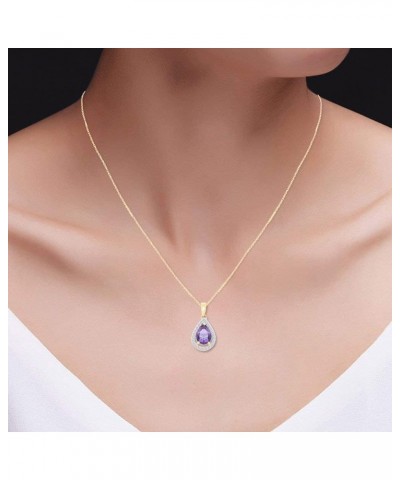 Pear Shape Simulated Birthstone & Round Cut White Cubic Zirconia Teardrop Pendant Necklace In 14k Gold Plated 925 Sterling Si...