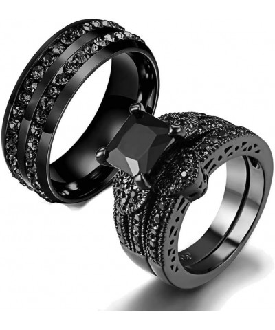 Couple Ring His Hers Women Black Gold Filled Cz Men Stainless Steel Bridal Sets Wedding Band Women's size 7 & Men's size 11 $...