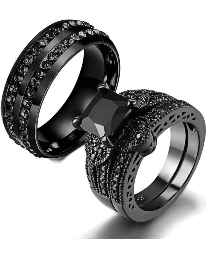 Couple Ring His Hers Women Black Gold Filled Cz Men Stainless Steel Bridal Sets Wedding Band Women's size 7 & Men's size 11 $...