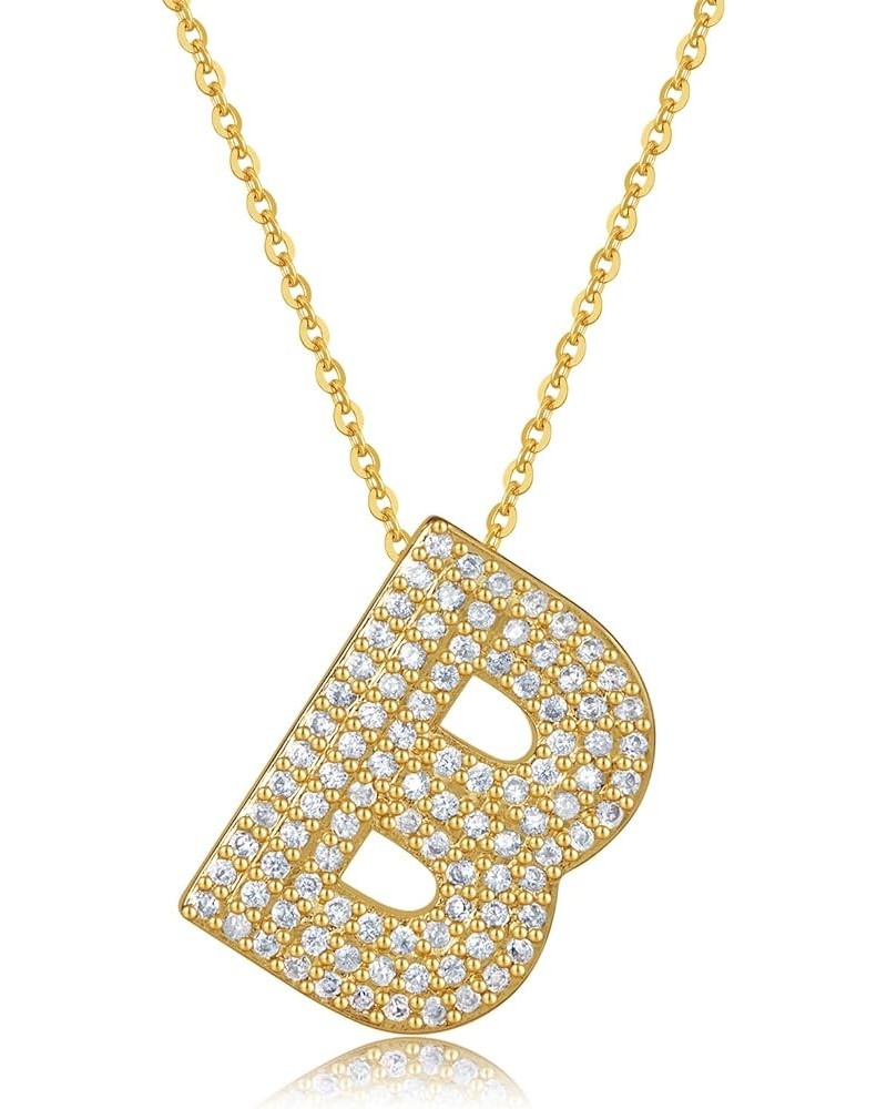 Women's Iced Out Bubble Initial Letter Alphabet Pendant, Diamond Zirconia Chunky Name Necklace Personalised Gift B-Gold $10.5...