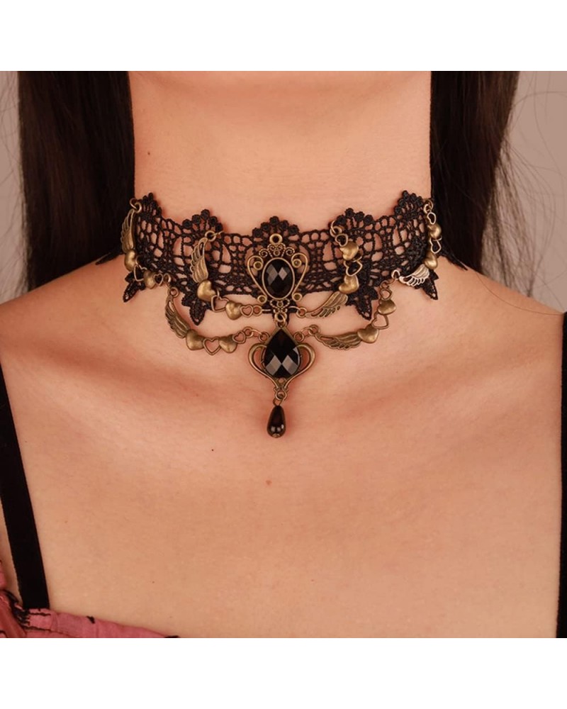 Black Lace Choker Necklace for Women Sexy Gothic Flower Necklace Vintage Rhinestone Pendant Necklace Halloween Punk Chain Tas...