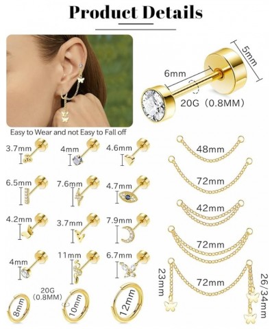 23PCS 20G 316L Stainless Steel Cartilage Earrings Set for Women Men CZ Heart Butterfly Cartilage Stud Earrings Flatback Huggi...