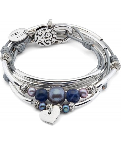 Dani Silver Plated Women's Leather Wrap Bracelet Necklace with Pearl & Sodalite Plus Textured Silver Heart Charm Metallic Sil...