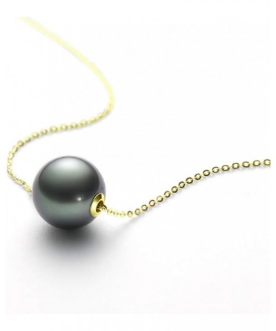 18K Gold Tahitian Black Pearl Necklace for Women, 10-11mm Tahitian Seawater Cultured Floating Single Pearl Pendant with Sterl...