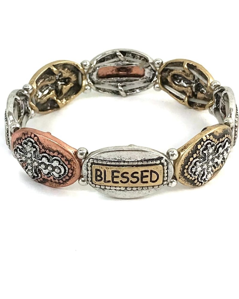 Blessed Cross Charms Verse Floral Embroidery Silver Copper Patina Color Stretch Bracelet Gold $12.46 Bracelets