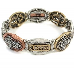 Blessed Cross Charms Verse Floral Embroidery Silver Copper Patina Color Stretch Bracelet Gold $12.46 Bracelets