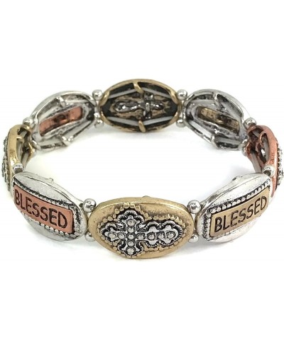 Blessed Cross Charms Verse Floral Embroidery Silver Copper Patina Color Stretch Bracelet Gold $12.46 Bracelets