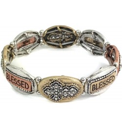 Blessed Cross Charms Verse Floral Embroidery Silver Copper Patina Color Stretch Bracelet Gold $12.46 Bracelets