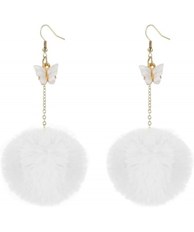 Pom Pom Earrings Pink Pom Pom with Butterfly Dangle Earrings Faux Fur Ball Fluffy Earrings For Women Girls Teens White $7.01 ...