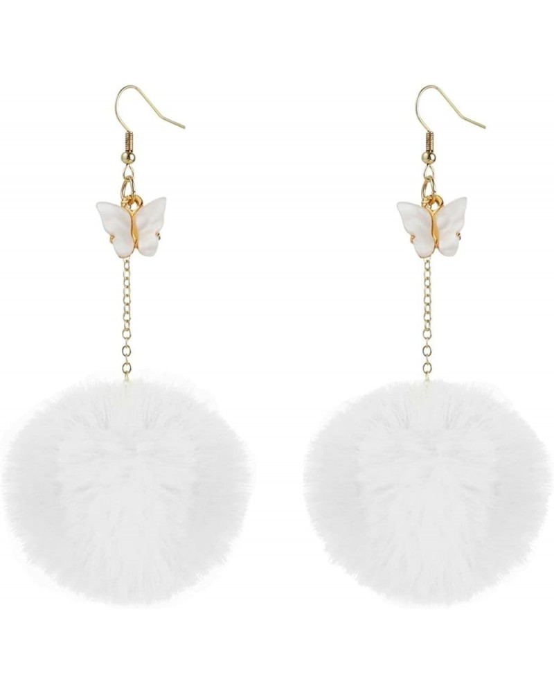 Pom Pom Earrings Pink Pom Pom with Butterfly Dangle Earrings Faux Fur Ball Fluffy Earrings For Women Girls Teens White $7.01 ...