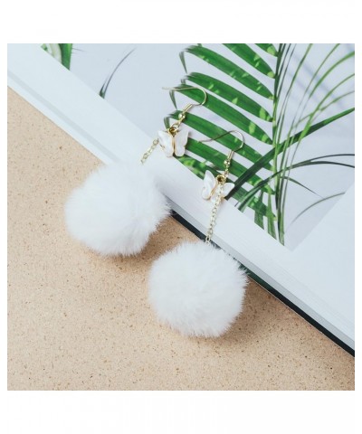 Pom Pom Earrings Pink Pom Pom with Butterfly Dangle Earrings Faux Fur Ball Fluffy Earrings For Women Girls Teens White $7.01 ...