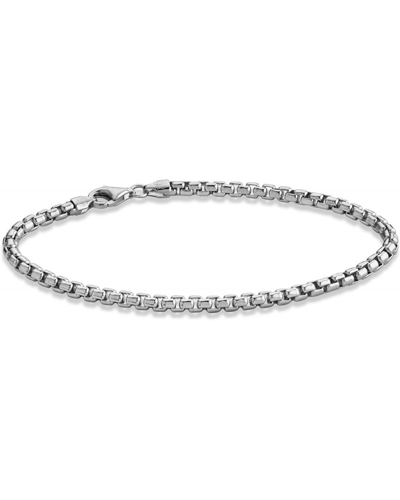 Solid 925 Sterling Silver Italian 3.5mm Square Rolo Link Round Box Chain Bracelet for Women Men, Made in Italy rhodium-plated...