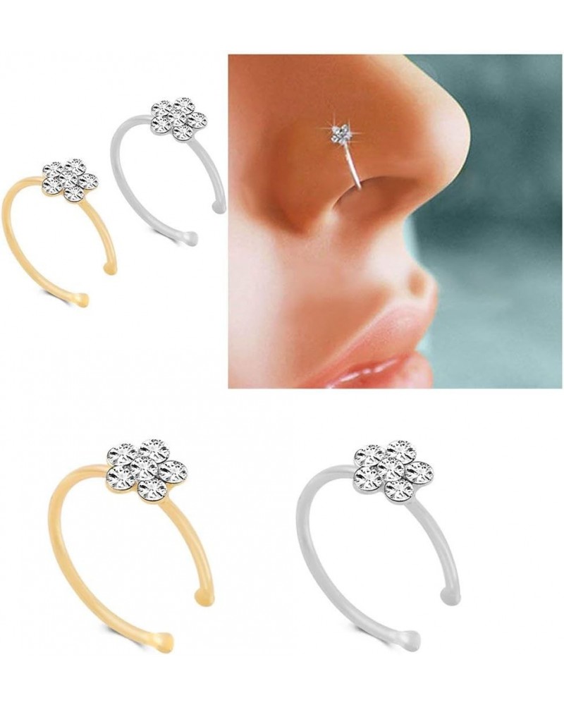 Silver Gold Thin Diamond Flower Clear Crystal Nose Ring Stud Hoop-Sparkly Crystal Nose Ring (2 pcs) $10.55 Body Jewelry