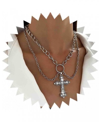 Vintage Layered Crystal Cross Necklace Punk Cz Cross Pendant Necklace Silver Circle Choker Necklace Chunky Cuban Chain Neckla...