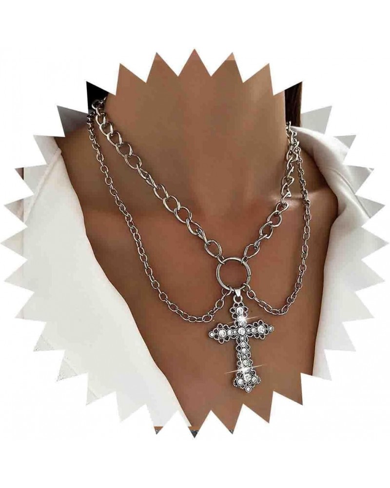 Vintage Layered Crystal Cross Necklace Punk Cz Cross Pendant Necklace Silver Circle Choker Necklace Chunky Cuban Chain Neckla...