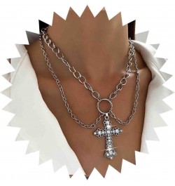 Vintage Layered Crystal Cross Necklace Punk Cz Cross Pendant Necklace Silver Circle Choker Necklace Chunky Cuban Chain Neckla...