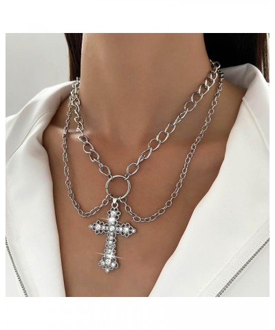 Vintage Layered Crystal Cross Necklace Punk Cz Cross Pendant Necklace Silver Circle Choker Necklace Chunky Cuban Chain Neckla...