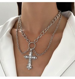 Vintage Layered Crystal Cross Necklace Punk Cz Cross Pendant Necklace Silver Circle Choker Necklace Chunky Cuban Chain Neckla...