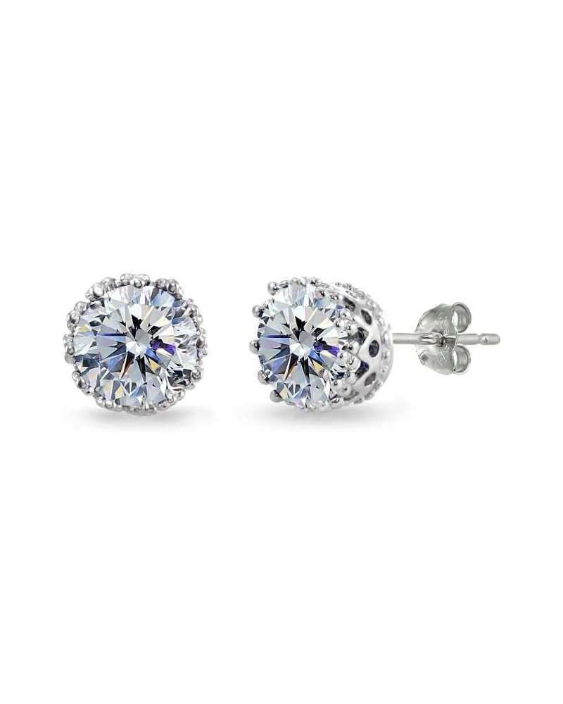 Sterling Silver Polished 6mm Round-cut Crown Stud Earrings Made with European Crystals Apr -Clear $10.00 Earrings