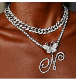 Silver women miami Ice Out bling Cuban Link Chain initial choker necklace with tennis Bracelet, Diamond Cuban Link chain with...