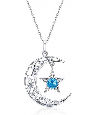 Sterling Silver Star Moon Pendant Necklace with Blue Round Cubic Zirconia Jewelry Gift for Women Girl (Length 14.96 Inch - 18...